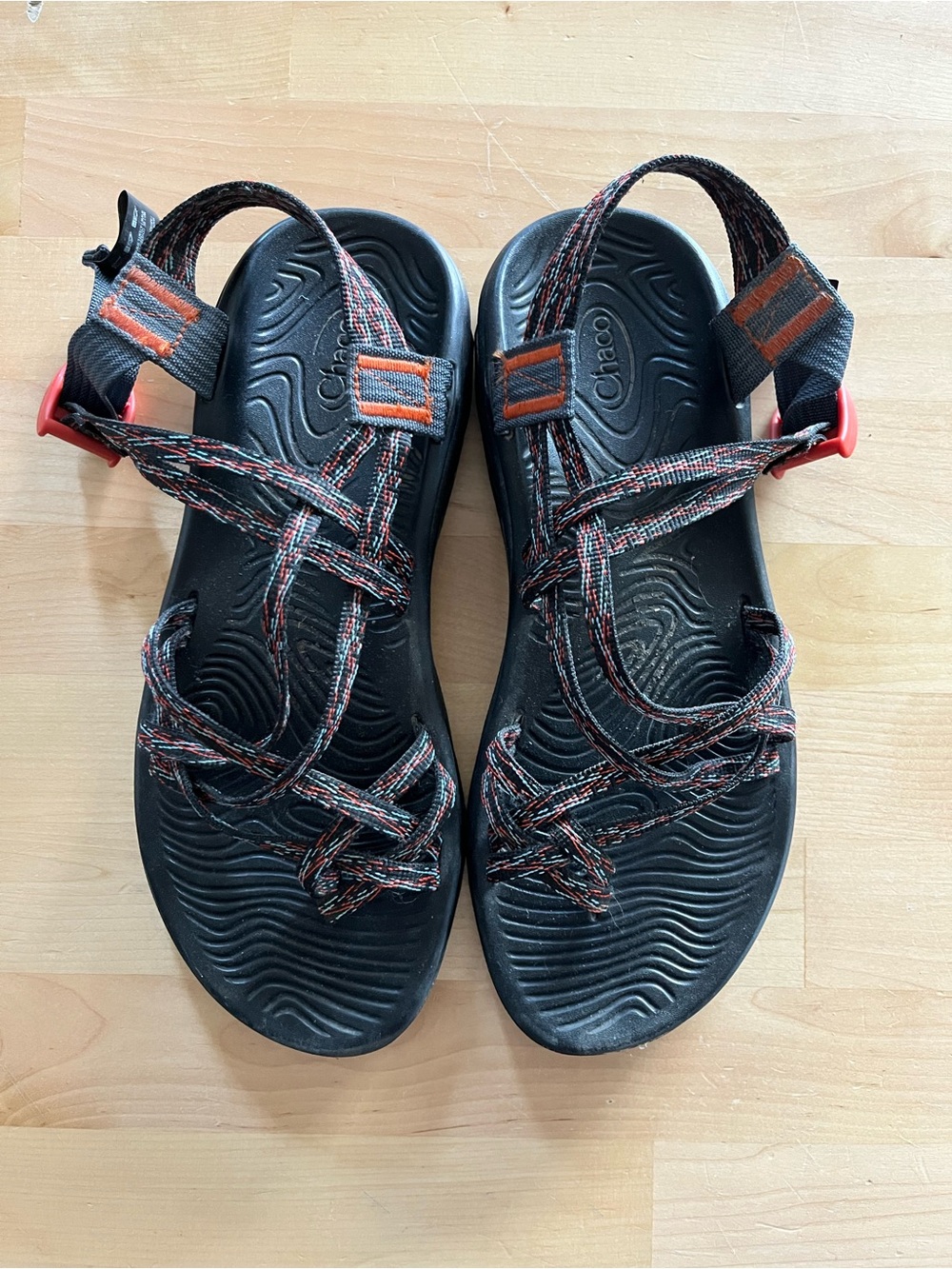 Chaco ZX Black Sandals with Orange and Red Accents